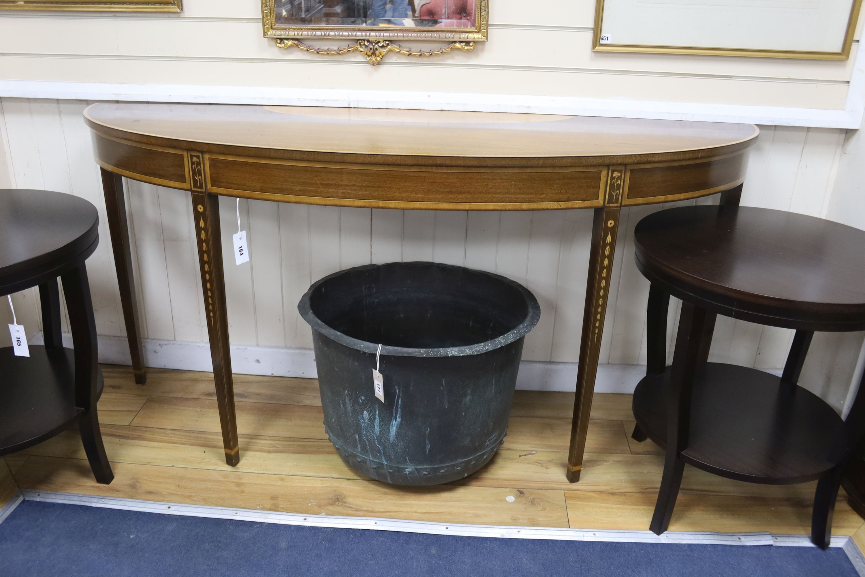 A reproduction Sheraton style inlaid mahogany D shaped console table, width 172cm, depth 48cm, height 85cm